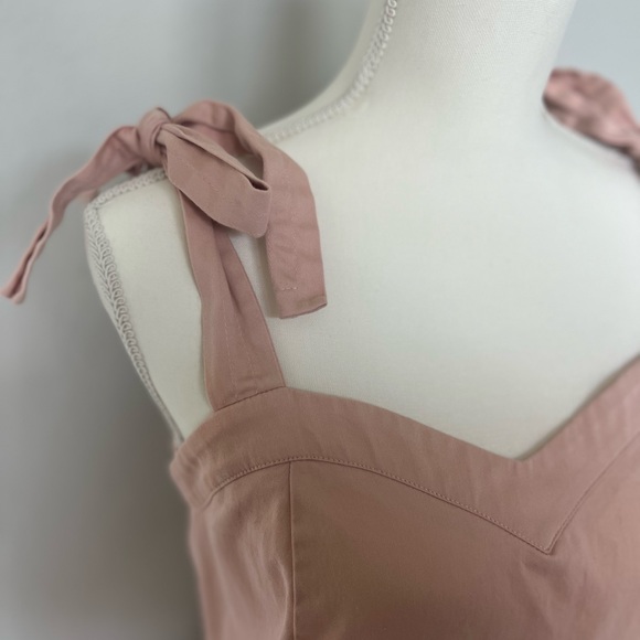 Cotton Dusty Powder Pastel Pink Ruffle Bow Tie Strap Summer Ballerina Midi Dress - Picture 4 of 10